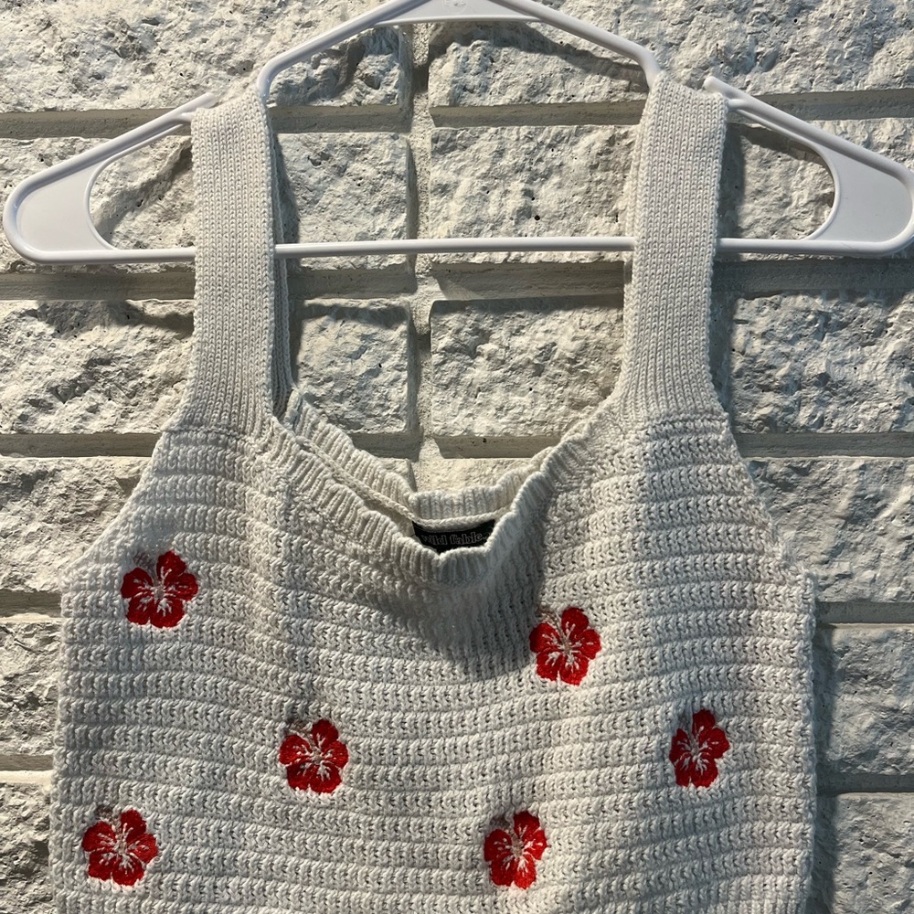 Wild Fable Cream V-Neck Sweater with Red Floral Accents